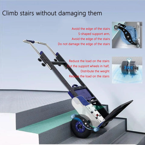 Huge Electric Hand Truck Stair Climber With Brushless Motor on stairs showing S-shaped support arm and wheel design for safe climbing.