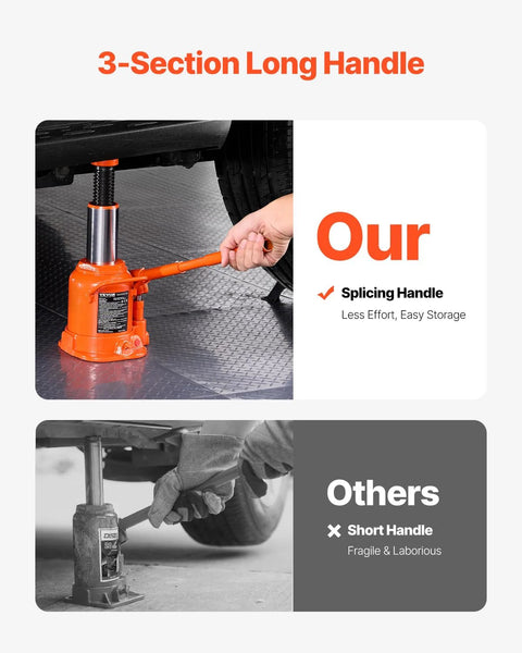 VEVOR 20-ton orange low-profile welded hydraulic bottle jack with 6.69–12.6 in lifting range and 3-section long handle