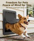 Heavy Duty Medium Wall Mount Dog Door With Triple Flap Insulated Barrier To Shut Out Cold Drafts Wind And Pests Delivering A Cozy Cave For Your Four Legged Friend Inside Any Home with a happy corgi exiting.