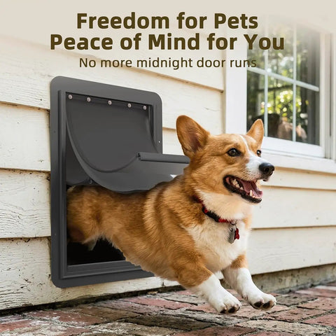 Heavy Duty Medium Wall Mount Dog Door With Triple Flap Insulated Barrier To Shut Out Cold Drafts Wind And Pests Delivering A Cozy Cave For Your Four Legged Friend Inside Any Home with a happy corgi exiting.