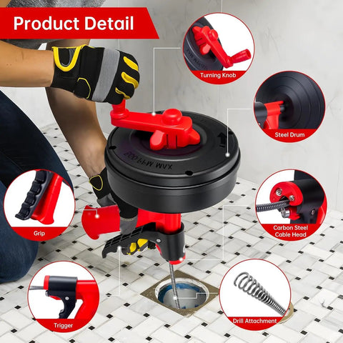Flexible Drain Snake Hair Clog Remover Comes Decked Out With A Drill Adapter To Blast Nasty Sink Tub And Shower Blockages Dead Fast So Your Lines Glide Smooth Without Any Chemical Fuss, showcasing carbon steel cable head and grip.