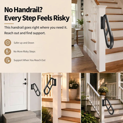 Rock Solid Wall Mount Handrail For One To Three Steps Outdoor Hella Durable Safety Railing, black metal grip on stairs.