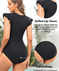 Back view of Black Zip Front One Piece Swimsuit With Rash Guard Short Sleeve For Women Built In Padded Bra Tummy Control Surfing And Water Sports