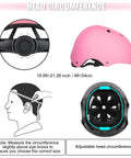 Head circumference guide for Kid Friendly 7 Piece Protective Gear Set With Adjustable Helmet showing pink helmet and measurement diagram.