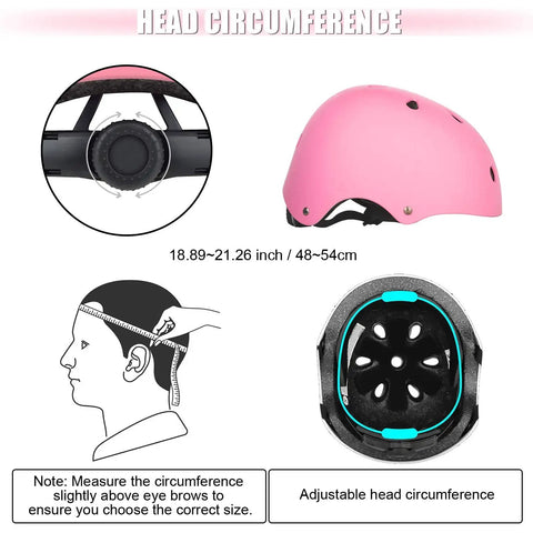 Head circumference guide for Kid Friendly 7 Piece Protective Gear Set With Adjustable Helmet showing pink helmet and measurement diagram.