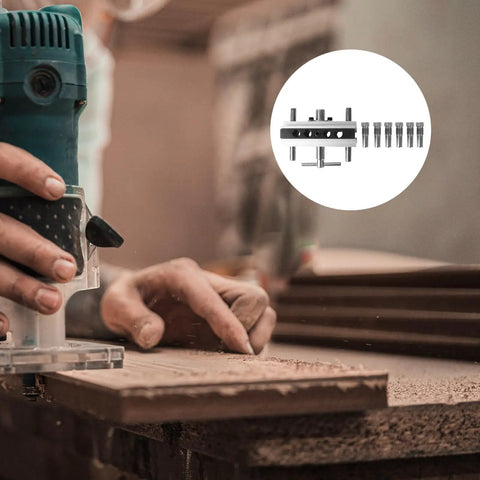 Top Shelf Self Centering Doweling Jig And Sharp Wood Drill Guide With Rugged Steel Bushings for drill setup on wood.