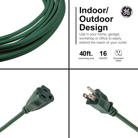 Heavy Duty 40 Foot Outdoor Extension Cord 16 AWG 3 Prong Grounded ETL Listed Green Power Cable For Yard Patio Garden Use