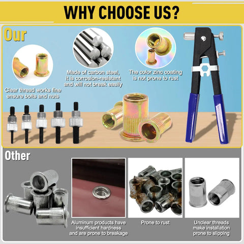 Comparison of zinc plated carbon steel Rivet Nut Tool Kit Set with 430 pieces for home DIY versus weaker aluminum options.