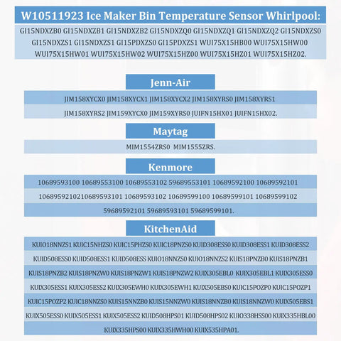 Model numbers for Whirlpool KitchenAid Kenmore ice makers compatible with Stainless Ice Maker Bin Temperature Sensor Upgrade Replacement