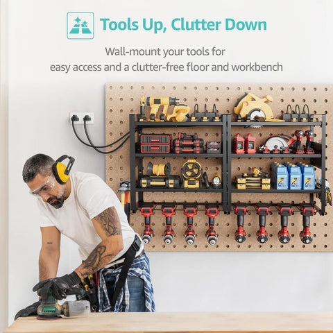 Power Tool Organizer With Charging Station Wall Mount 2 Pack For Cordless Drills And Tools Built In Outlets For DEWALT Ryobi Craftsman Milwaukee Makita Bosch Garage Organization That Keeps Your Shop Tight, illustration showing tools mounted and organized on a wall.