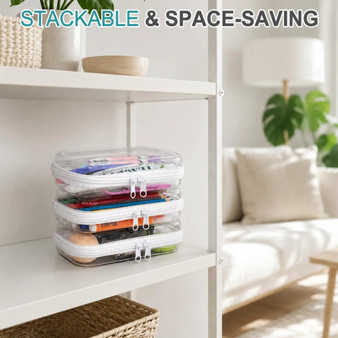 Stacked 7 Inch Clear Hard Shell Zipper Case Set With Double Zippers, Transparent Storage Pouches on shelf for organization