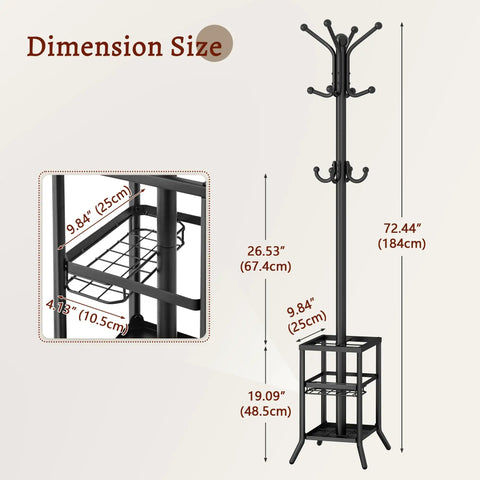 Freestanding Coat Rack With Umbrella Holder And 12 Metal Hooks Three Tier Tree Coat Stand dimensions and black finish details