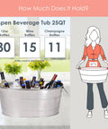 Aspen Heavy-Duty Oval Stainless Steel Drink Cooler For Parties 25-Quart Large Ice Bucket with bottles and size illustration.