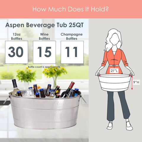 Aspen Heavy-Duty Oval Stainless Steel Drink Cooler For Parties 25-Quart Large Ice Bucket with bottles and size illustration.