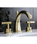 Milano Widespread Lavatory Faucet With Metal Lever Handles Polished Brass Finish on marble sink