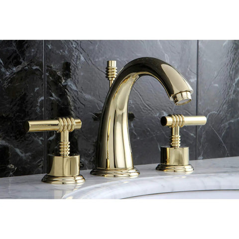 Milano Widespread Lavatory Faucet With Metal Lever Handles Polished Brass Finish on marble sink
