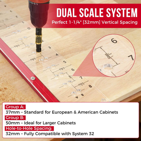 Pro Grade Shelf Pin Jig With Self Centering Drill Bits For One Quarter Inch And Five Millimeter Pins, Fits 32mm System