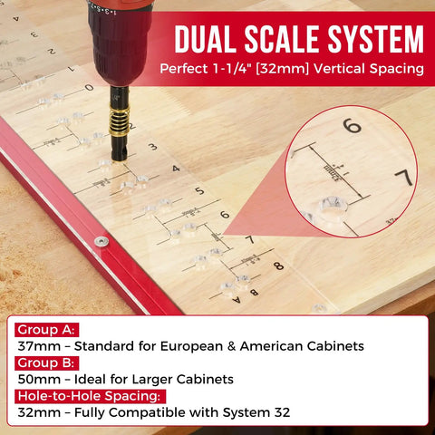 Shelf Pin Jig With Self Centering Drill Bits 1/4 Inch And 5mm for 32mm system, showing dual scale system for vertical spacing.
