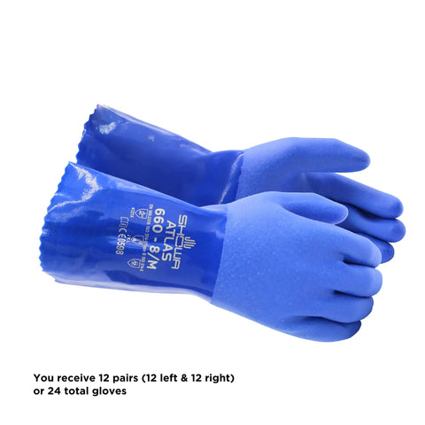 Atlas 660 Triple Dipped PVC Chemical Resistant Gloves For Hardcore Duty Performance With Rough Finish Grip And Seamless Cotton Liner 12 Inch Length Blue X Large 12 Pack