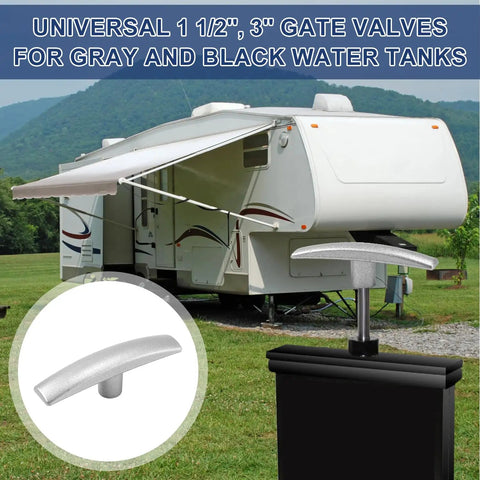 Two Pack RV Waste Valve Handle Replacement for 1/2 Inch to 3 Inch Gate Valves, aluminum, camper van usage illustration with a caravan