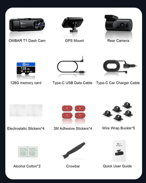 4K Triple Dash Cam System components including cameras, 128GB card, GPS mount, cables, and installation tools displayed.