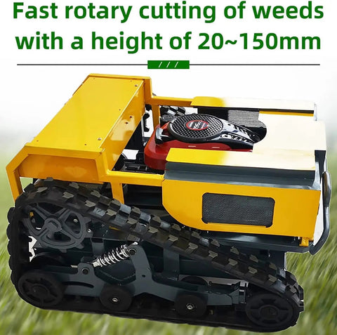 Tracked Remote Control Lawn Mower With 9.5HP Gasoline Engine shown from side, highlighting tracks and engine, ideal for sloped terrain.