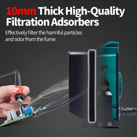 Side view of 2-In-1 Soldering Station With Built-In Fume Extractor And 110W Iron, showing filtration adsorption detail.