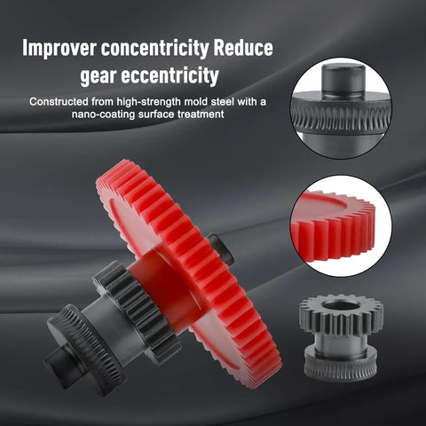 All Metal Dual Gear Upgrade Kit for Direct Drive 3D Printer Extruders with nano coated hardened steel gears close-up
