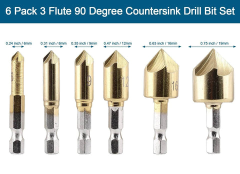 Front view of six Aracombie 3-flute 90° countersink drill bits, titanium-coated HSS, sizes 6–19 mm