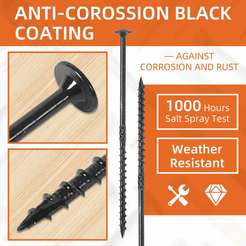 Heavy Duty Wood Structural Screws With Washer Head 6 Inch And 14 Gauge Star Drive Torx Bits Included Black Oxide Coated, close-up of screws.