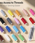 Colorful thread spools arranged on a surface from the Travel Friendly Portable Sewing Kit With All The Essentials Thread Needles Scissors And Basic Tools Perfect Mothers Day Gift For Mom Grandma Wife Or Teen Girl Beginners Friendly And Dorm Room Ready Black.