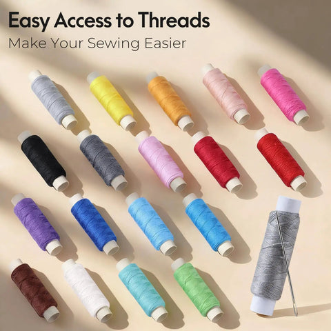 Colorful thread spools arranged on a surface from the Travel Friendly Portable Sewing Kit With All The Essentials Thread Needles Scissors And Basic Tools Perfect Mothers Day Gift For Mom Grandma Wife Or Teen Girl Beginners Friendly And Dorm Room Ready Black.