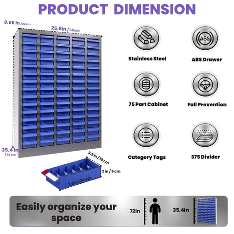 75 Drawer Nut And Bolt Organizer Cabinet with acrylic adjustable shelves, dimensions, and features for workshop or garage storage