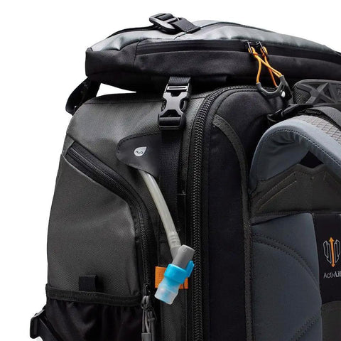 Side view of Pro Trekker BP 650 AW II Outdoor Camera Backpack with weatherproof zippers and hose, black and dark grey color.
