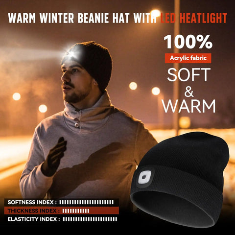 Person wearing Unisex Beanie With Light Headlamp Knit Cap For Hiking And Camping Rechargeable LED Illuminated Winter Gear