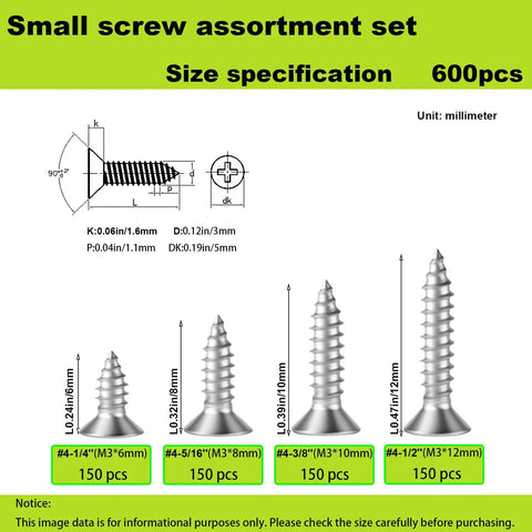600pcs Short Wood Screws Kit M3 Stainless Steel Assortment With Countersunk Flat Head Design For Cabinet Hinges 6mm 8mm 10mm 12mm
