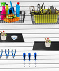 Image showing 40 Piece Slatwall Accessories Kit with two shelves, six storage bins, slatwall basket, hooks, plier and tool holders installed.