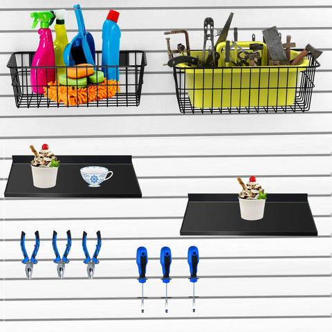 Image showing 40 Piece Slatwall Accessories Kit with two shelves, six storage bins, slatwall basket, hooks, plier and tool holders installed.