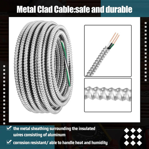 Fourteen Gauge Metal Clad Electrical Wire With Ground Aluminum Armor For Indoor Outdoor Use Solid Copper Conductors Two Conductors Plus Ground 100 Ft Heavy Duty Cable For Commercial Projects