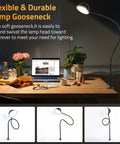 Gooseneck Clip Desk Lamp With Clamp, 10W 1100 Lumens, 31 Inch Flexible Arm, USB Powered, shown on desk in home office setting.