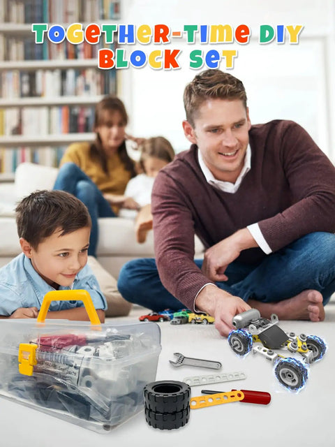 Family building car with 10 In 1 STEM Toys For Kids Ages 4 5 6 7 8 Build Kit With Electric Motor on carpet