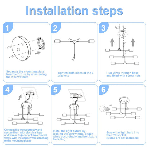 Installation steps for Six Arm Gold Sputnik Ceiling Light Fixture Dope Modern Chandelier Flush Mount For Living Room, Dining, Kitchen And Bedroom, E26 Base, Bulbs Not Included, Industrial Chic, Easy Assembly.