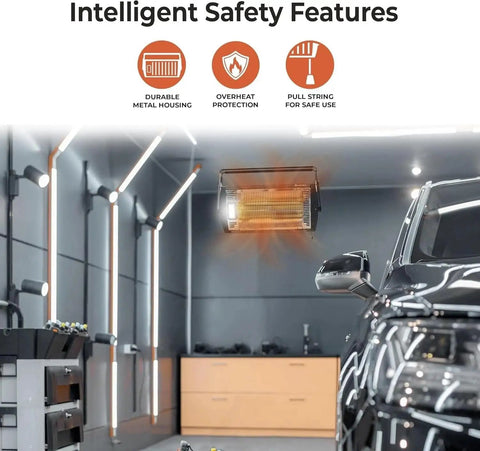 Ceiling Mounted 1500W Infrared Quartz Radiant Heater With Dual Tubes, 90 Degree Tilt, installed in garage with car.