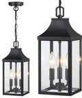 Badass Matte Black Outdoor Pendant Lighting Three Bulb Exterior Hanging Porch Fixture With Clear Glass Shades all weather housing angled view