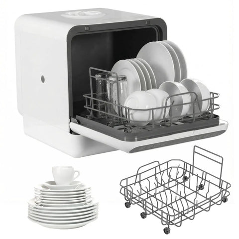Standalone Countertop Dishwasher With Six Liter Internal Tank And Truly Zero Hookup Hassles, loaded with clean dishes.