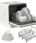 Compact Countertop Dishwasher With Six Liter Built In Tank Portable High Heat Wash And Auto Dry System No Sweat Setup showing dishes and glasses.