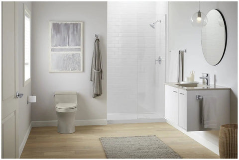 Modern bathroom with Vibrant Brushed Moderne Brass Components Bathroom Fixtures Set, open-ended towel arm, and shower components