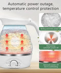 Travel Foldable Electric Kettle With Collapsible Food Grade Silicone 700ml Capacity Fast 850W Boiling For Tea And Coffee On The Go 110V Portable White Design showing automatic power outage and temperature control features