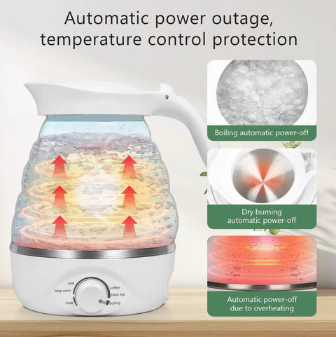 Travel Foldable Electric Kettle With Collapsible Food Grade Silicone 700ml Capacity Fast 850W Boiling For Tea And Coffee On The Go 110V Portable White Design showing automatic power outage and temperature control features