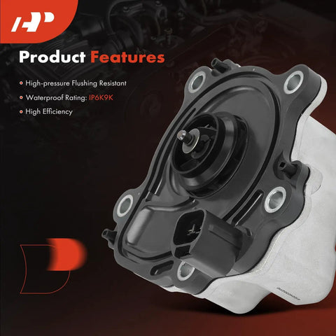 Top Shelf Electric Water Pump Straight Swap For Toyota Camry Avalon And Lexus Es300h Built Tough Cooling Replacement Fits L Four Two Point Five With Cross References, showing the pump's detailed design and connection point.